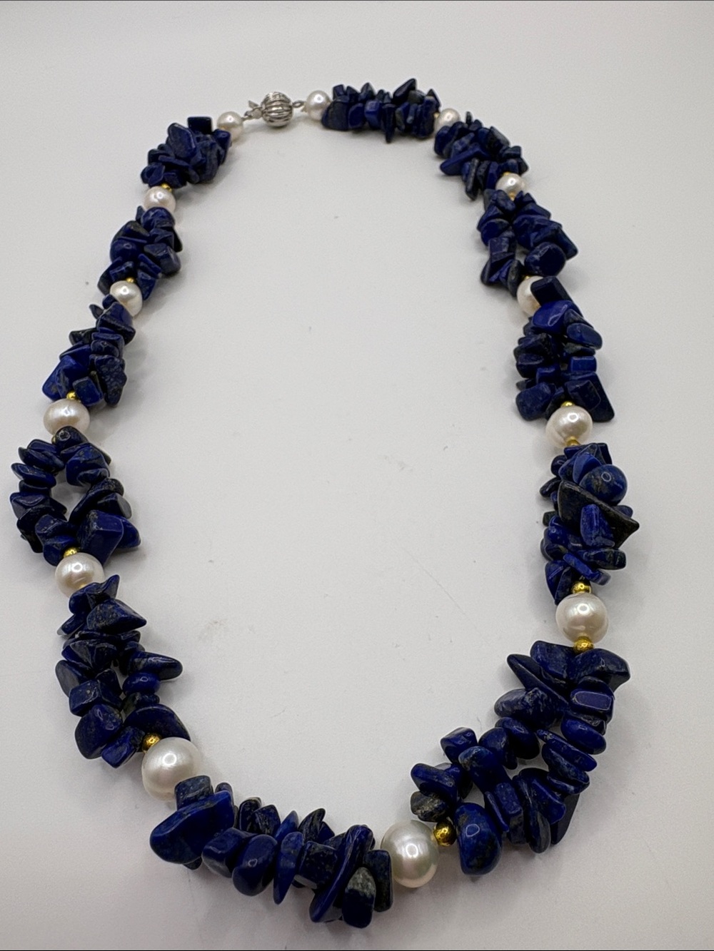 18kt Gold Plated & Lapis Chip Pearl Necklace in Deep Blue with Gold Accents 18” - Picture 8 of 9